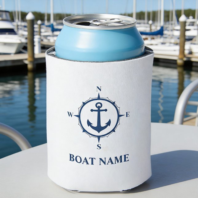 Your Boat Name Nautical Anchor Compass Navy white Can Cooler (Creator Uploaded)