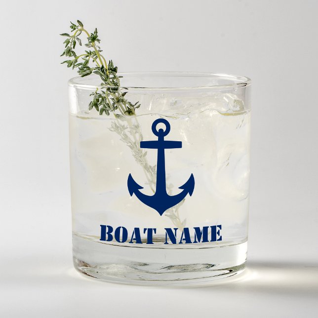 Your Boat Name Nautical Anchor Navy Blue Whiskey Glass (Creator Uploaded)