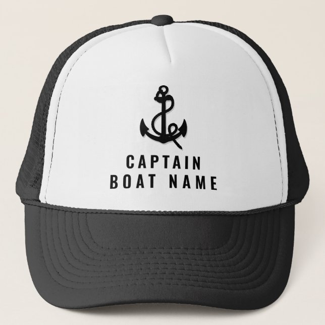 Your Boat Name Nautical Black white Anchor Captain Trucker Hat (Front)