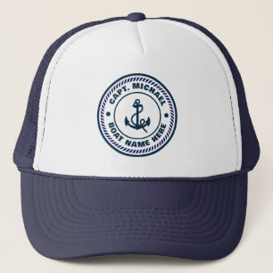 Your Boat Name Nautical Blue white Anchor Captain  Trucker Hat