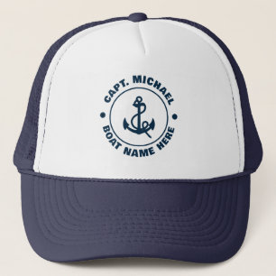 Your Boat Name Nautical Blue white Anchor Captain  Trucker Hat