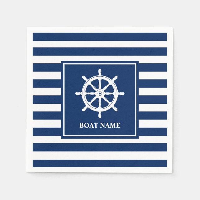 Your Boat Name Nautical Ships Wheel Helm Striped Napkin (Front)