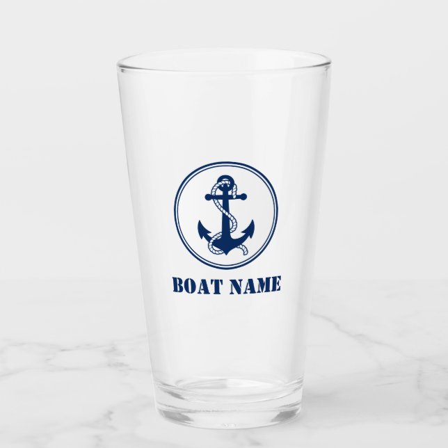 Your Boat Name Navy Blue Rope & Anchor Glass (Front)