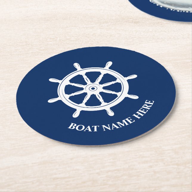 Your Boat Name or Text Ships Wheel Helm Blue Round Paper Coaster (Angled)