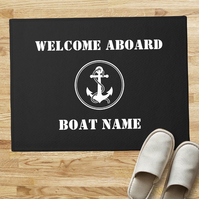 Your Boat Name Rope & Anchor Black Welcome Aboard Doormat (Several sizes to choose from.)