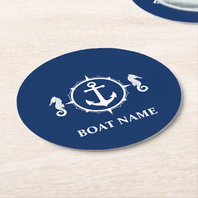 Your Boat Name Seahorse Anchor Blue Coaster (Angled)