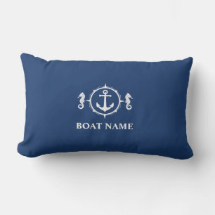 Your Boat Name Seahorse Anchor Navy Blue White Lumbar Cushion