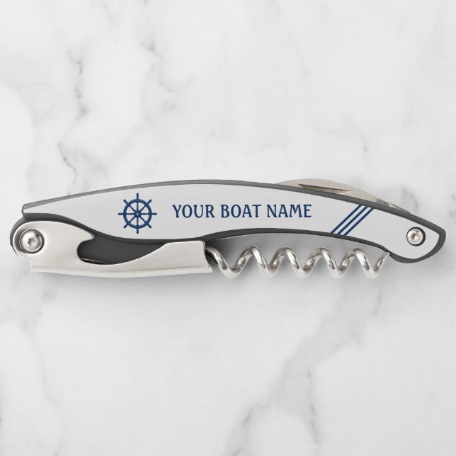 Your Boat Name Ship Wheel Helm Blue White Stripe Corkscrew (Front)