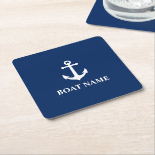 Your Boat Name Vintage Nautical Anchor Navy Blue Square Paper Coaster
