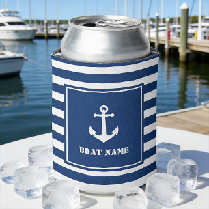 Your Boat Name Vintage Nautical Anchor Striped Can Cooler