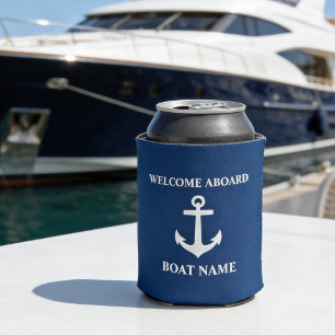 Your Boat Name Welcome Aboard Anchor Blue Can Cooler