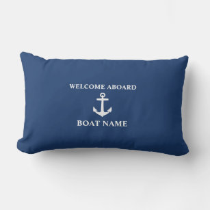 Your Boat Name Welcome Aboard Anchor Blue Lumbar Cushion