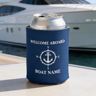 Your Boat Name Welcome Aboard Compass Anchor Blue Can Cooler