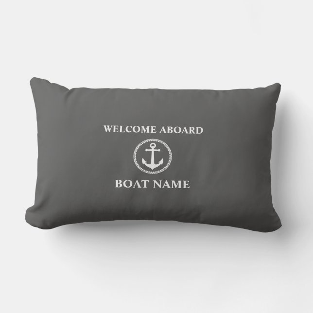 Your Boat Name Welcome Aboard Sea Anchor Grey Lumbar Cushion (Front)