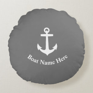 Your Boat Name With Classic Anchor On Grey Round Cushion