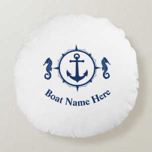 Your Boat Name With Seahorse Anchor Round Cushion