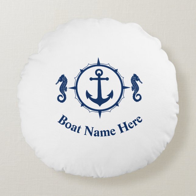 Your Boat Name With Seahorse Anchor Round Cushion (Front)
