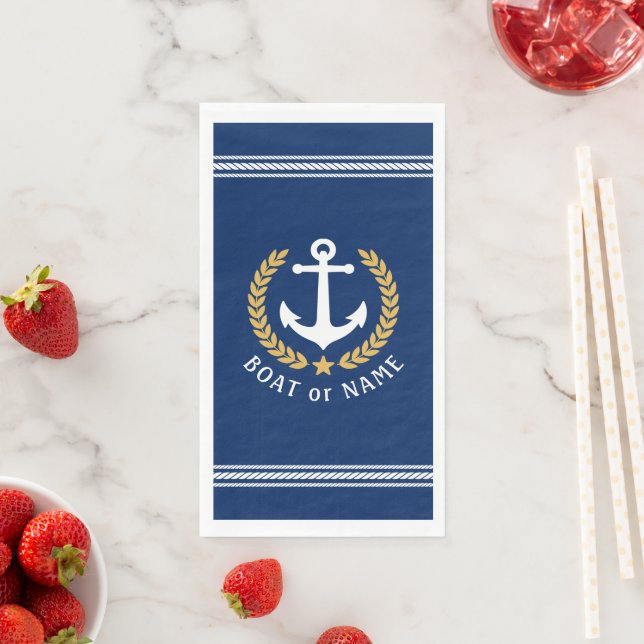 Your Boat or Family Name Anchor Laurel Rope Blue Napkin (Insitu)