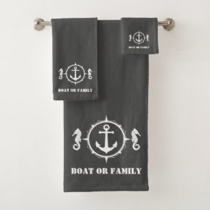 Your Boat or Family Name Seahorse Anchor Sea Grey Bath Towel Set