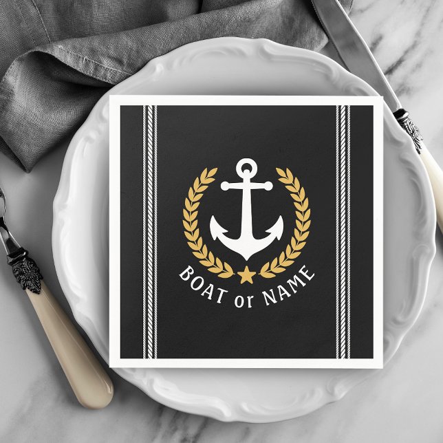Your Boat or Name Anchor Gold Style Laurel Black Napkin (Creator Uploaded)
