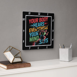 Your Body Hears Mind Says Runner  Square Wall Clock