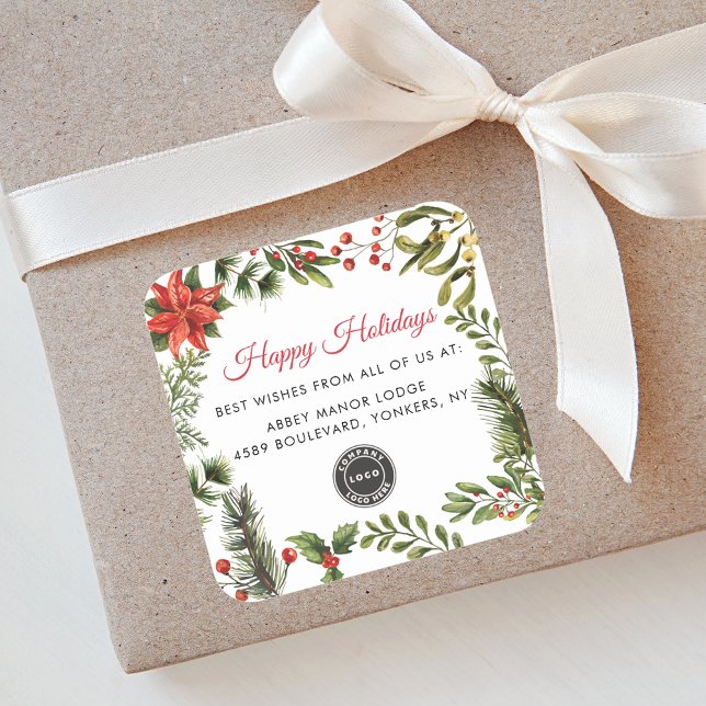 Your Business Logo Christmas Holidays Square Sticker (Business Logo Botanical Red Berries Happy Holidays Christmas Square Sticker)