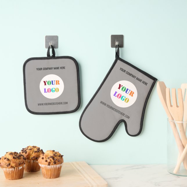 Your Business Logo Custom Text and Colours Oven Mitt & Pot Holder Set (Insitu(Hanging))