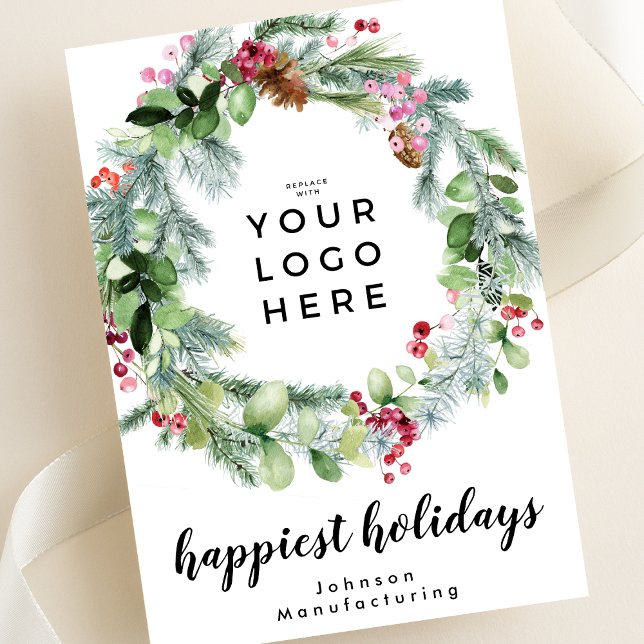 Your Business Logo | Happiest Holidays Wreath Holiday Card (Creator Uploaded)