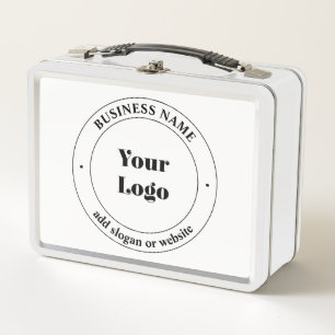 Your Business Logo & Promotional Text   White Metal Lunch Box