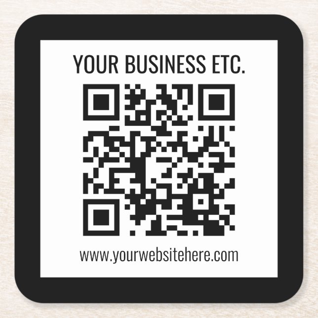 Your Business Name & Editable QR Code Square Paper Coaster (Front)