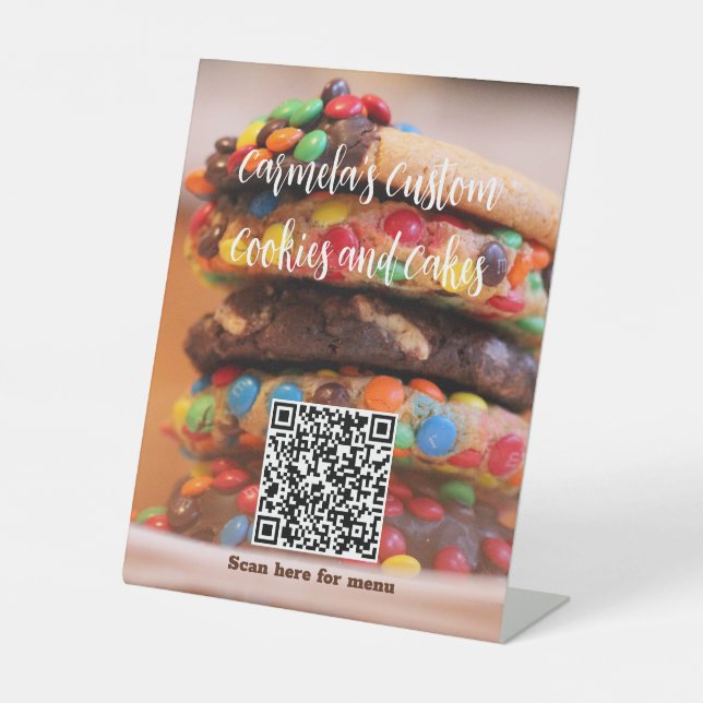 Your Business Name Text with Menu QR Code Cookie Pedestal Sign (Front)