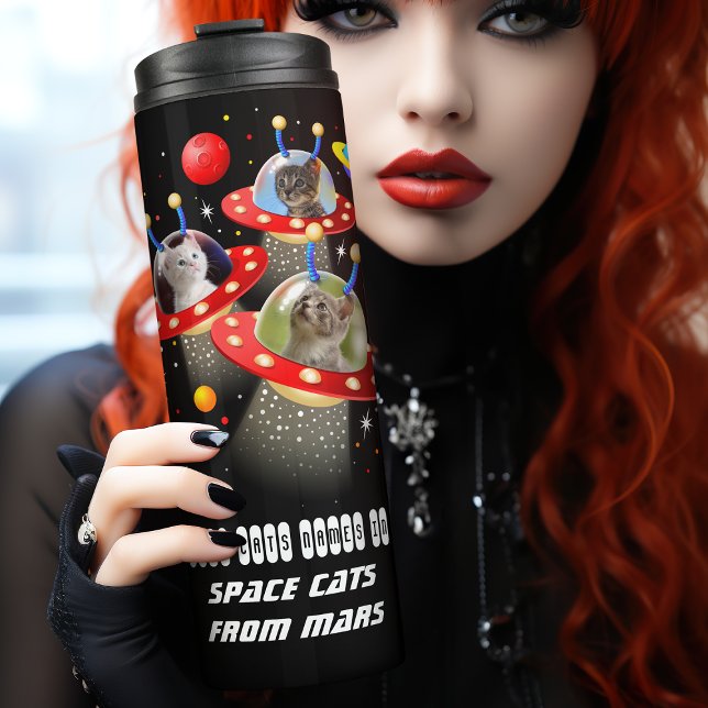 Your Cats in UFOs  Cats in Space Personalised Ther Thermal Tumbler (Put all three of your cats in these UFOs for a special space adventure with unique personalisation.)