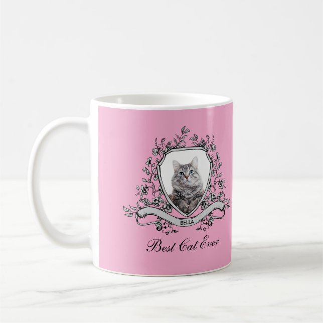 Your Cat's Photo in a Floral Crest | Best Cat Ever Coffee Mug (Left)