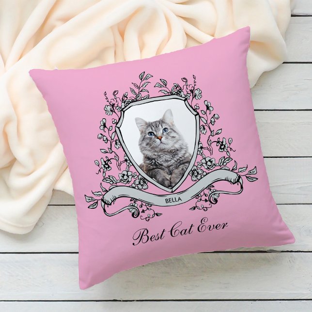 Your Cat's Photo in a Floral Crest | Best Cat Ever Cushion (Creator Uploaded)