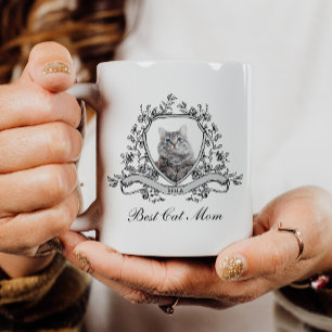 Your Cat's Photo in a Floral Crest   Best Cat Mum Coffee Mug