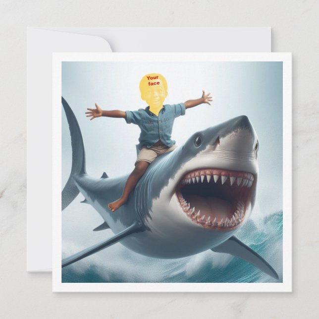 Your child riding a great white shark, shark blank card (Front)