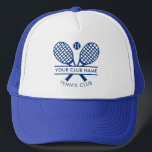 Your Club Name Tennis Rackets Motif Custom Trucker Hat<br><div class="desc">Easily customise this hat by adding your club or society name by clicking the "Personalise" button. You can change the background, font colour etc by clicking the "Edit with Design tool". Perfect for any club, business, or school society. Order as many or as fewer as required. There's no setup fee...</div>