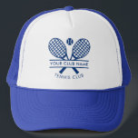 Your Club Name Tennis Rackets Motif Custom Trucker Hat<br><div class="desc">Easily customise this hat by adding your club or society name by clicking the "Personalise" button. You can change the background, font colour etc by clicking the "Edit with Design tool". Perfect for any club, business, or school society. Order as many or as fewer as required. There's no setup fee...</div>