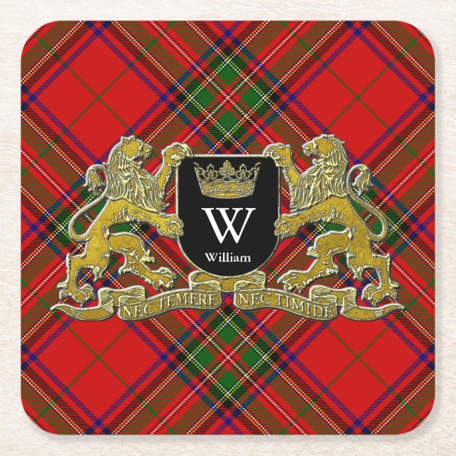 Your Coat of Arms Monogram and Tartan Square Paper Coaster (Front)
