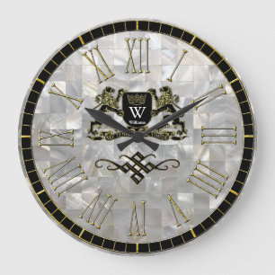 Your Coat of Arms Monogram Mother of Pearl Large Clock