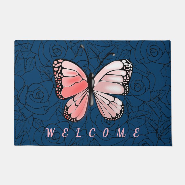 Your Colours Doormat Pink Butterfly Roses - Welcom (Front)