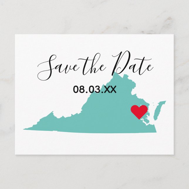 Your Colours Virginia Map Shape Save the Date Announcement Postcard (Front)