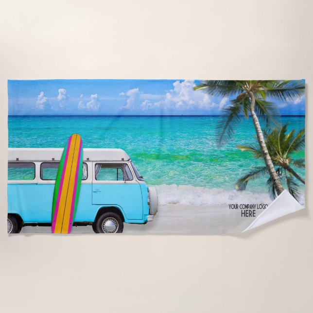Your Company Logo Beach Blue Van & Surfboard Beach Towel (Front)
