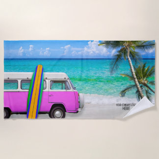Your Company Logo Beach Pink Van & Surfboard Towel
