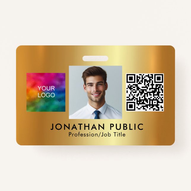 Your Company Logo QR Code Employee Photo Gold ID Badge (Front)