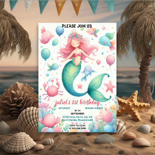 your cool fish sea blue mermaid ocean 1st Birthday Invitation