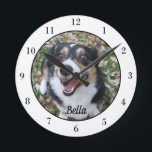 Your Custom Dog Photo Cute Pet Owner Round Clock<br><div class="desc">Personalise with your own dog's photograph on this custom pet wall clock and customise with their name at the bottom. A beautiful personalised gift for a dog or cat owner to immortalise their love. Bordered in white with black numbers.</div>