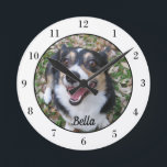 Your Custom Dog Photo Cute Pet Owner Round Clock<br><div class="desc">Personalise with your own dog's photograph on this custom pet wall clock and customise with their name at the bottom. A beautiful personalised gift for a dog or cat owner to immortalise their love. Bordered in white with black numbers.</div>