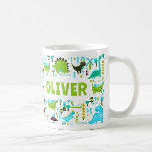 Your Custom Name Kids Cute Green Blue Dinosaurs Coffee Mug