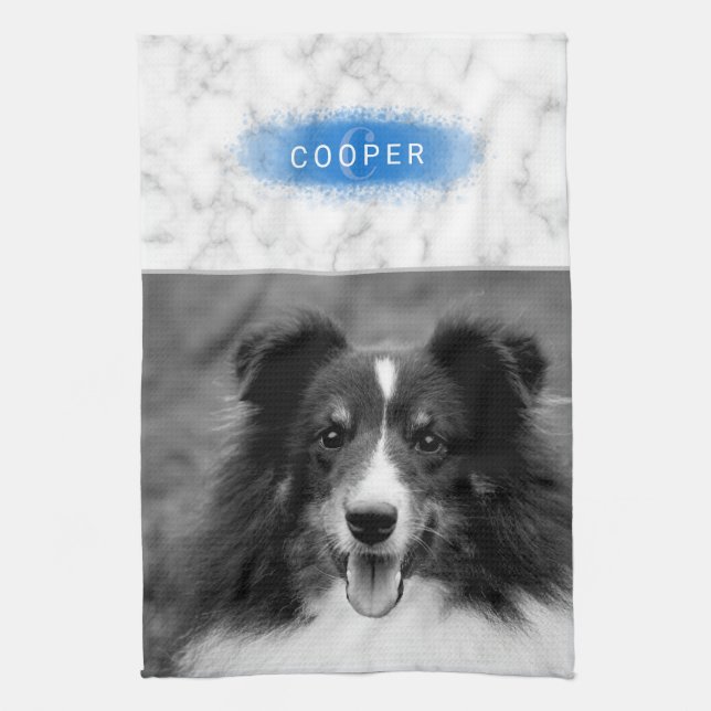 Your Custom Photo & Faux Marble Texture With Blue Tea Towel (Vertical)